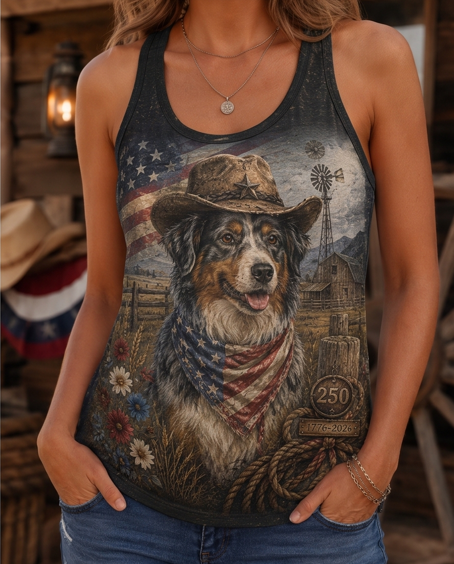 Western Farmhouse Australian Shepherd Cowboy Patriotic Women's Tank Top