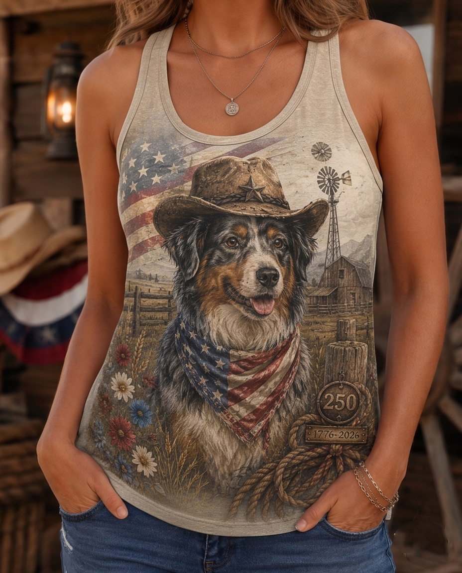 Western Farmhouse Australian Shepherd Cowboy Patriotic Women's Tank Top