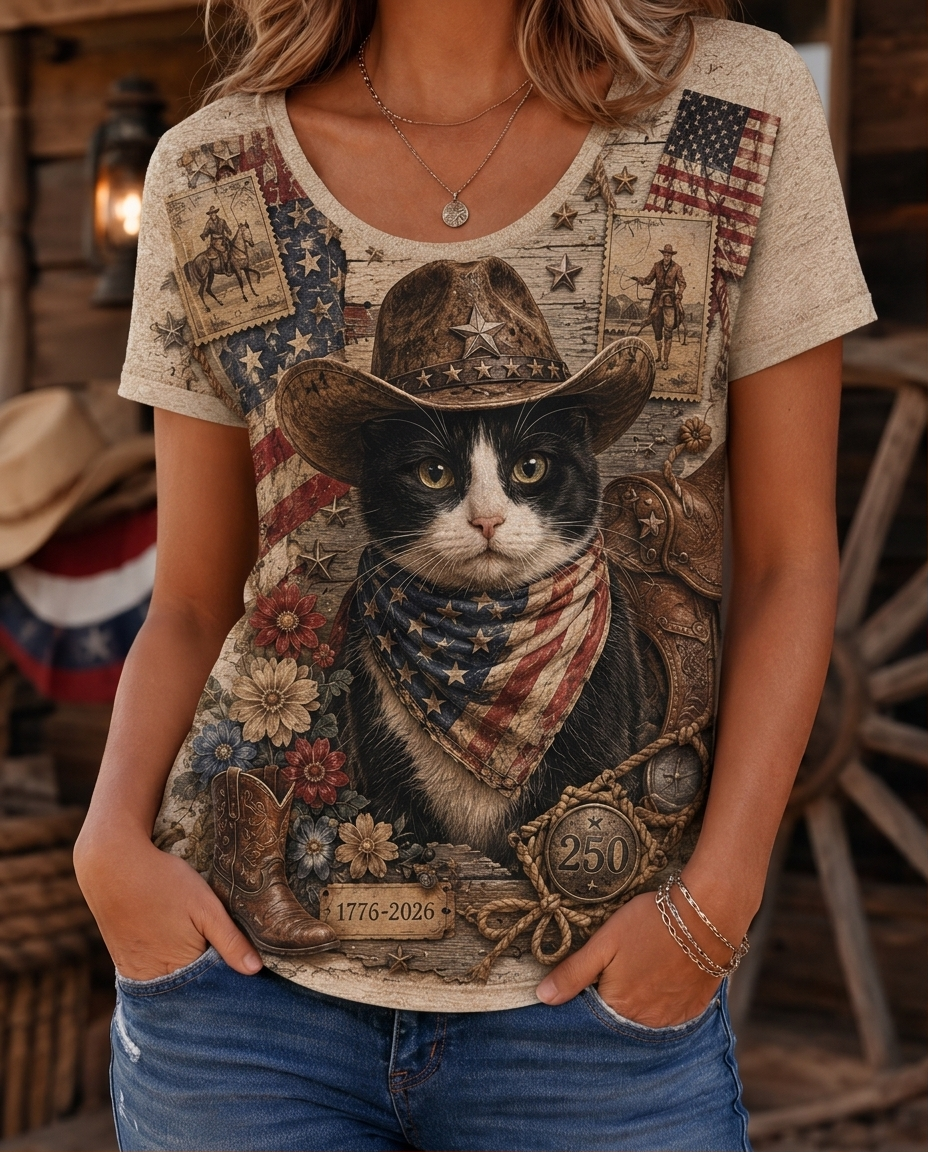 Vintage Stamp Tuxedo Cat Cowboy Boots Patriotic Women's Graphic T-Shirt