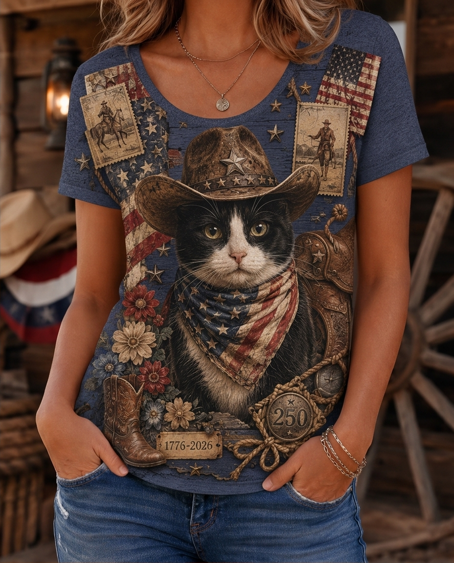 Vintage Stamp Tuxedo Cat Cowboy Boots Patriotic Women's Graphic T-Shirt