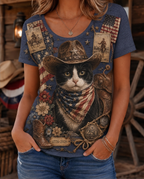 Vintage Stamp Tuxedo Cat Cowboy Boots Patriotic Women's Graphic T-Shirt