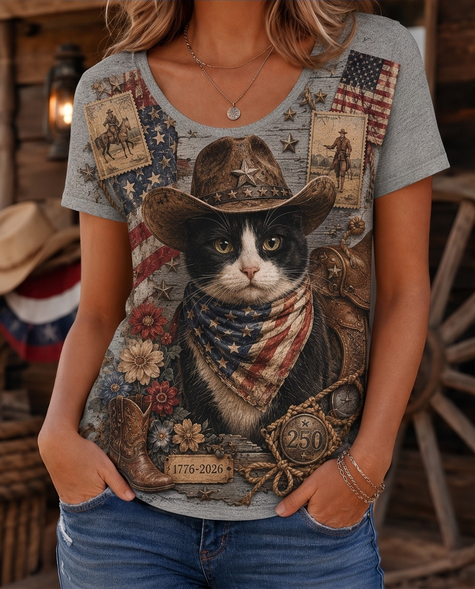 Vintage Stamp Tuxedo Cat Cowboy Boots Patriotic Women's Graphic T-Shirt