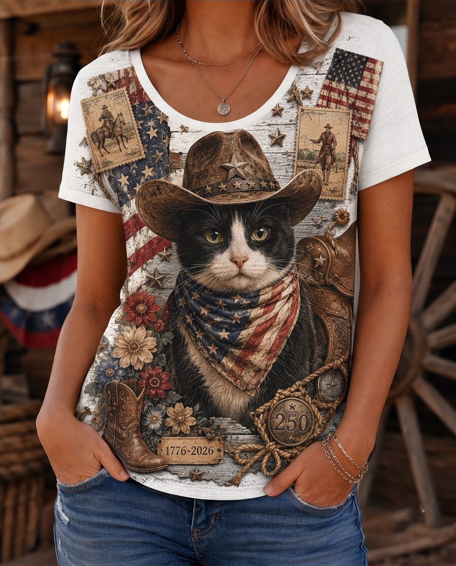 Vintage Stamp Tuxedo Cat Cowboy Boots Patriotic Women's Graphic T-Shirt