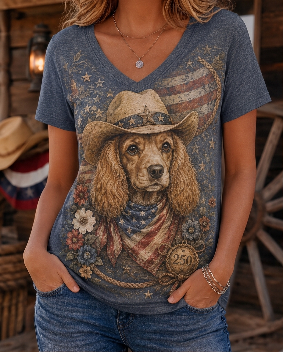 Patriotic Floral Cocker Spaniel Cowboy Hat Women's V-Neck Graphic Tee