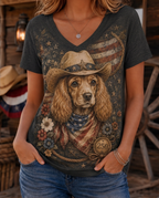 Patriotic Floral Cocker Spaniel Cowboy Hat Women's V-Neck Graphic Tee