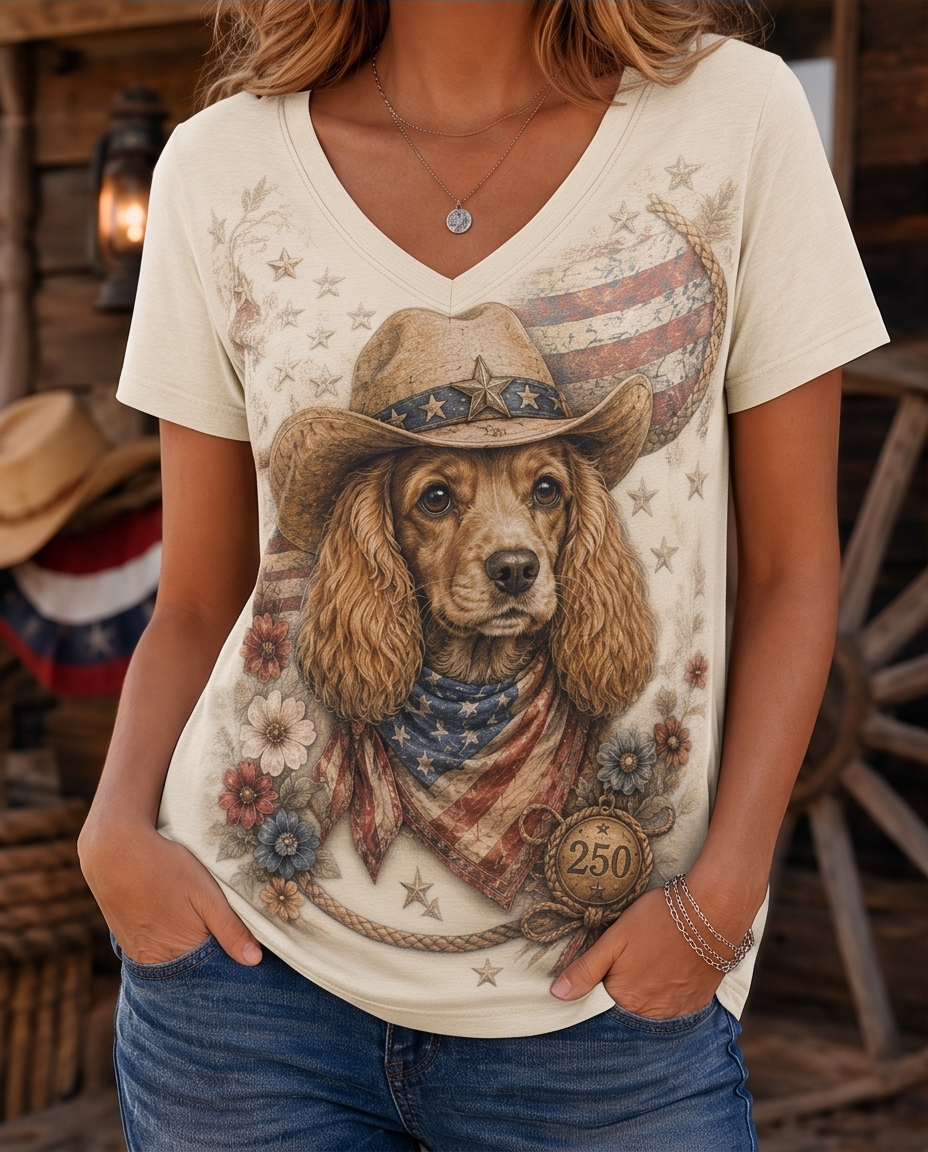 Patriotic Floral Cocker Spaniel Cowboy Hat Women's V-Neck Graphic Tee