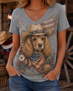 Patriotic Floral Cocker Spaniel Cowboy Hat Women's V-Neck Graphic Tee