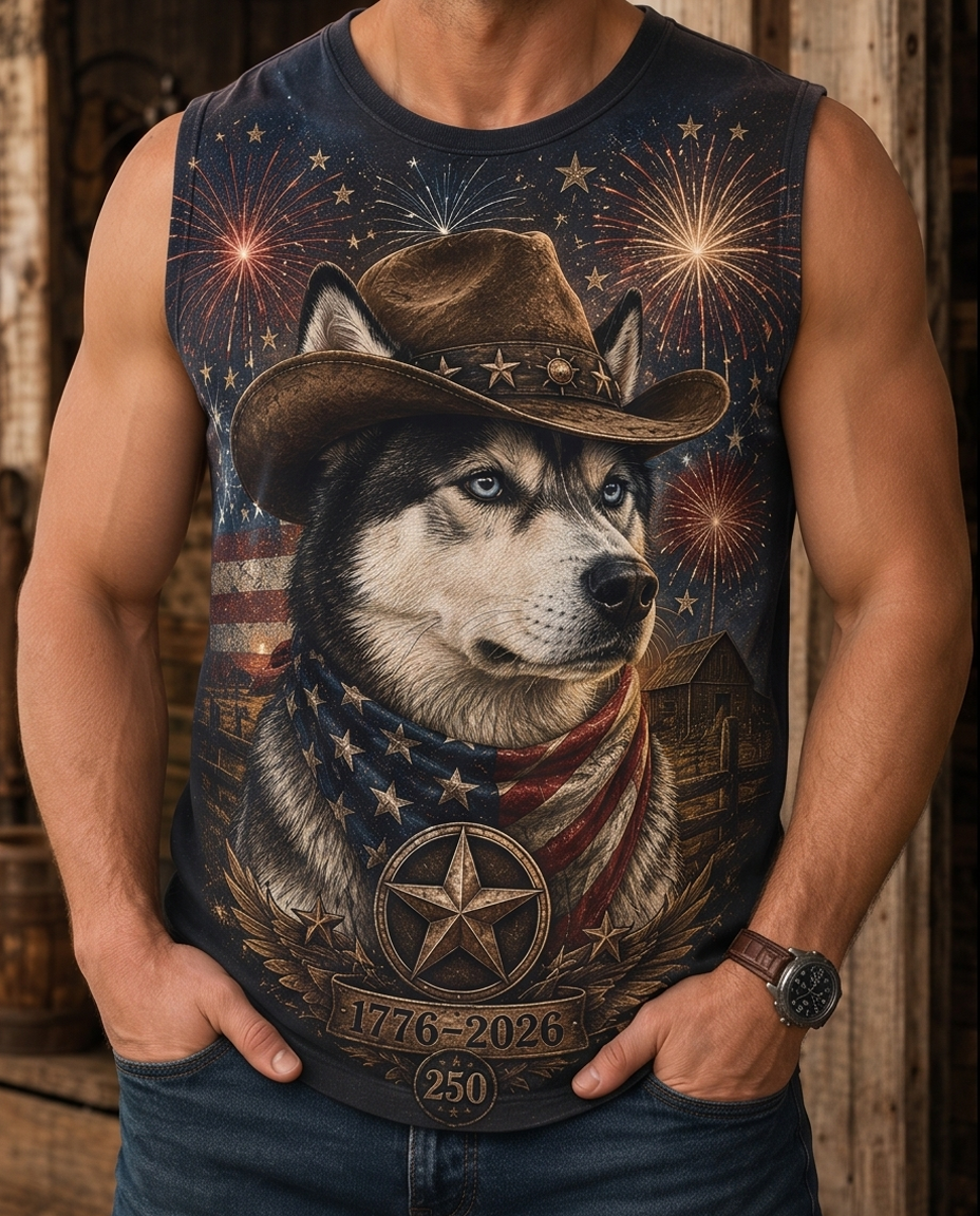 Men's Independence Day Patriotic Husky Cowboy Fireworks Muscle Tank Top