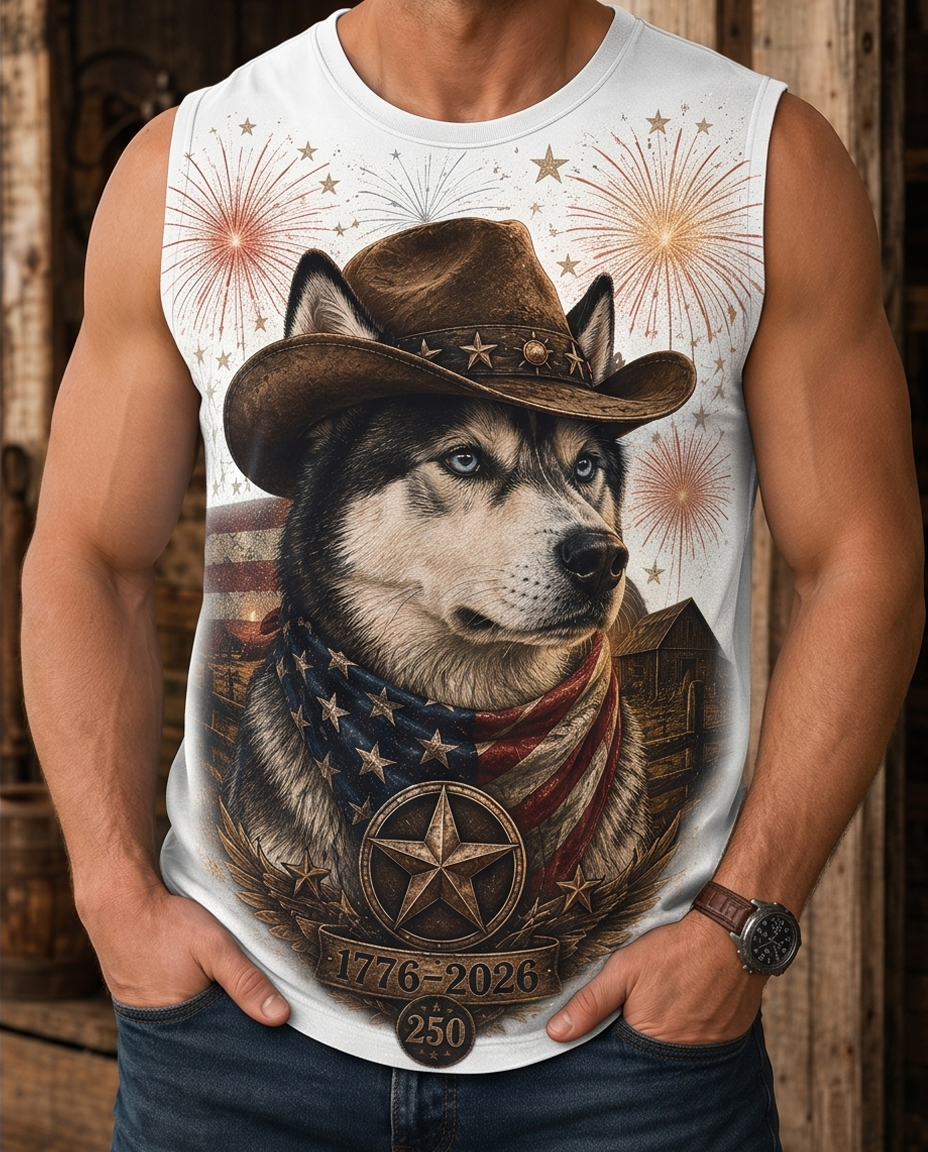 Men's Independence Day Patriotic Husky Cowboy Fireworks Muscle Tank Top
