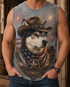 Men's Independence Day Patriotic Husky Cowboy Fireworks Muscle Tank Top