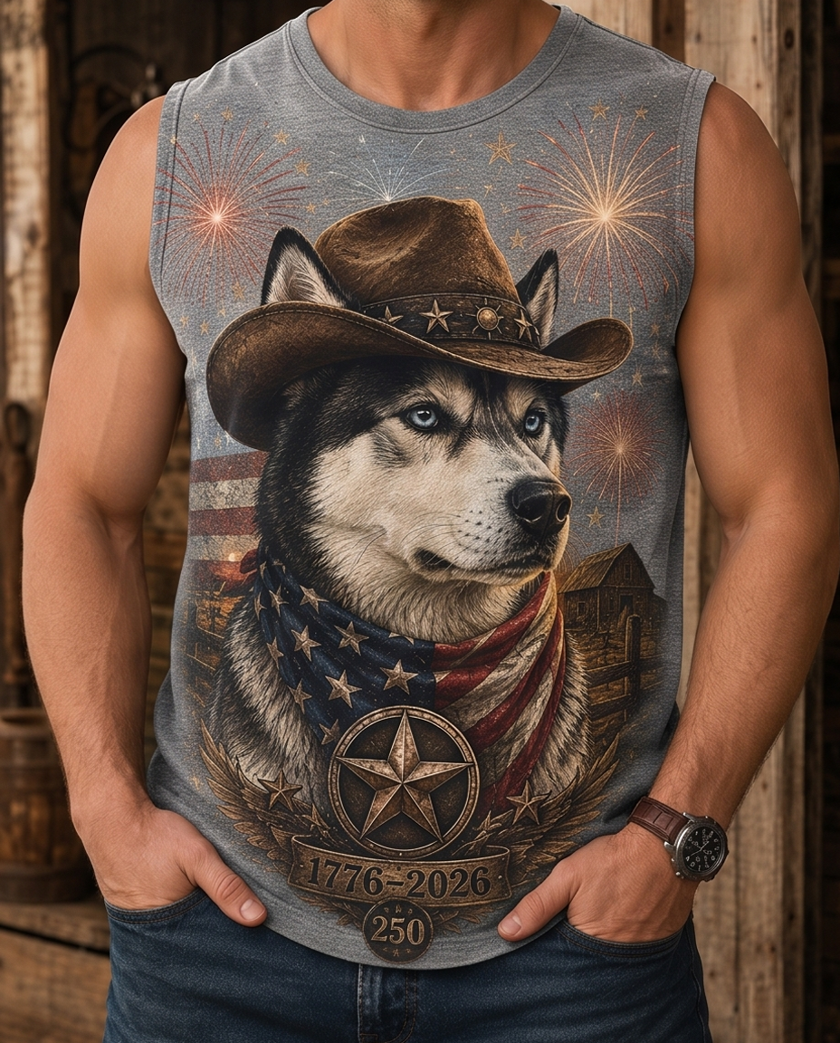 Men's Independence Day Patriotic Husky Cowboy Fireworks Muscle Tank Top