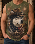 Men's Independence Day Patriotic Husky Cowboy Fireworks Muscle Tank Top
