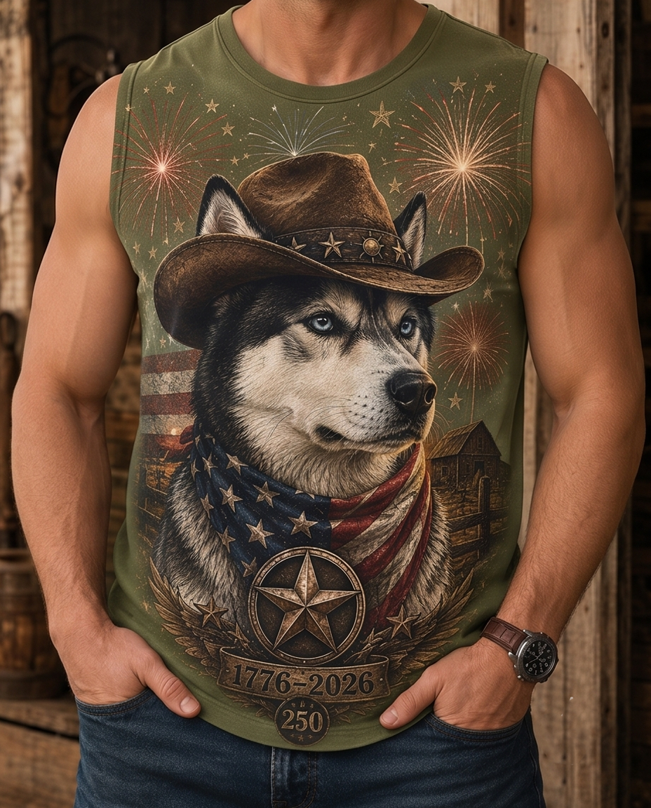 Men's Independence Day Patriotic Husky Cowboy Fireworks Muscle Tank Top