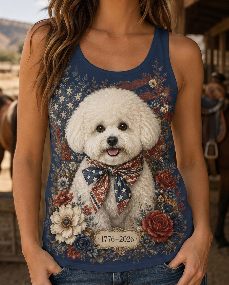 Vintage Americana Bichon Frise Floral Graphic Tank Top