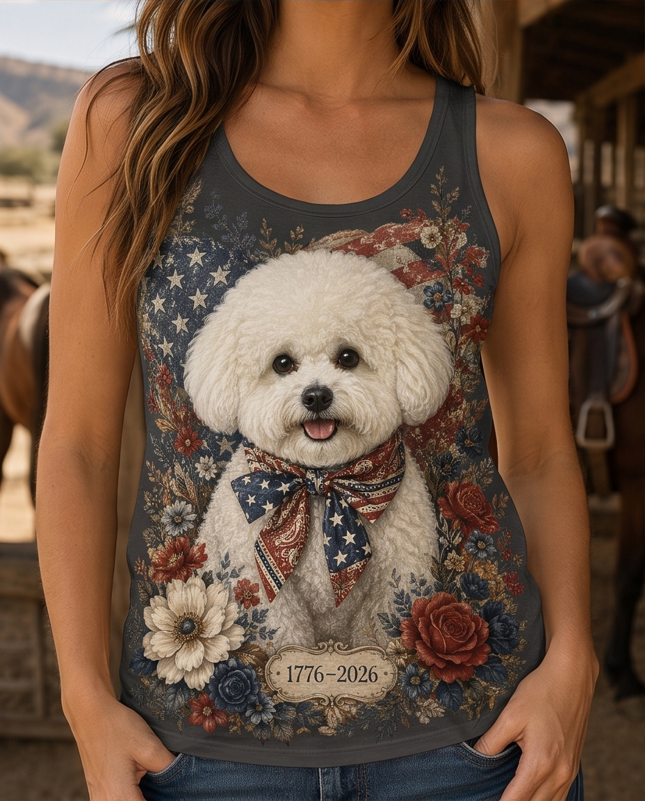 Vintage Americana Bichon Frise Floral Graphic Tank Top
