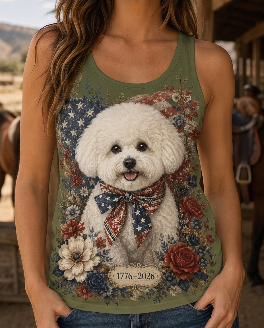 Vintage Americana Bichon Frise Floral Graphic Tank Top