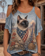 Western Frontier Siamese Cat Patriotic Bandana Cold-Shoulder Top