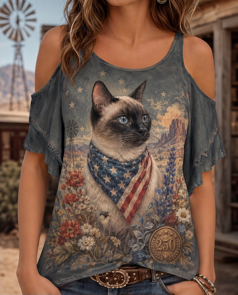 Western Frontier Siamese Cat Patriotic Bandana Cold-Shoulder Top