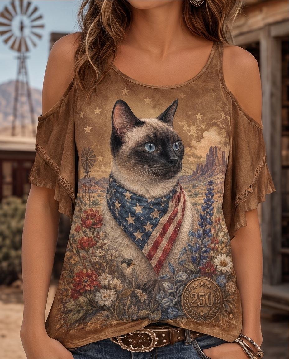 Western Frontier Siamese Cat Patriotic Bandana Cold-Shoulder Top