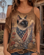 Western Frontier Siamese Cat Patriotic Bandana Cold-Shoulder Top