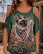 Western Frontier Siamese Cat Patriotic Bandana Cold-Shoulder Top