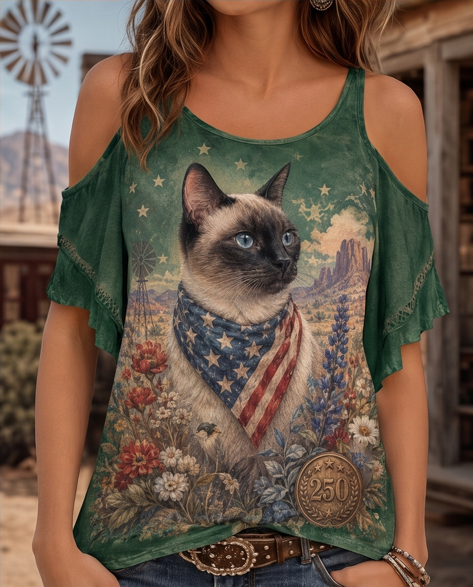 Western Frontier Siamese Cat Patriotic Bandana Cold-Shoulder Top
