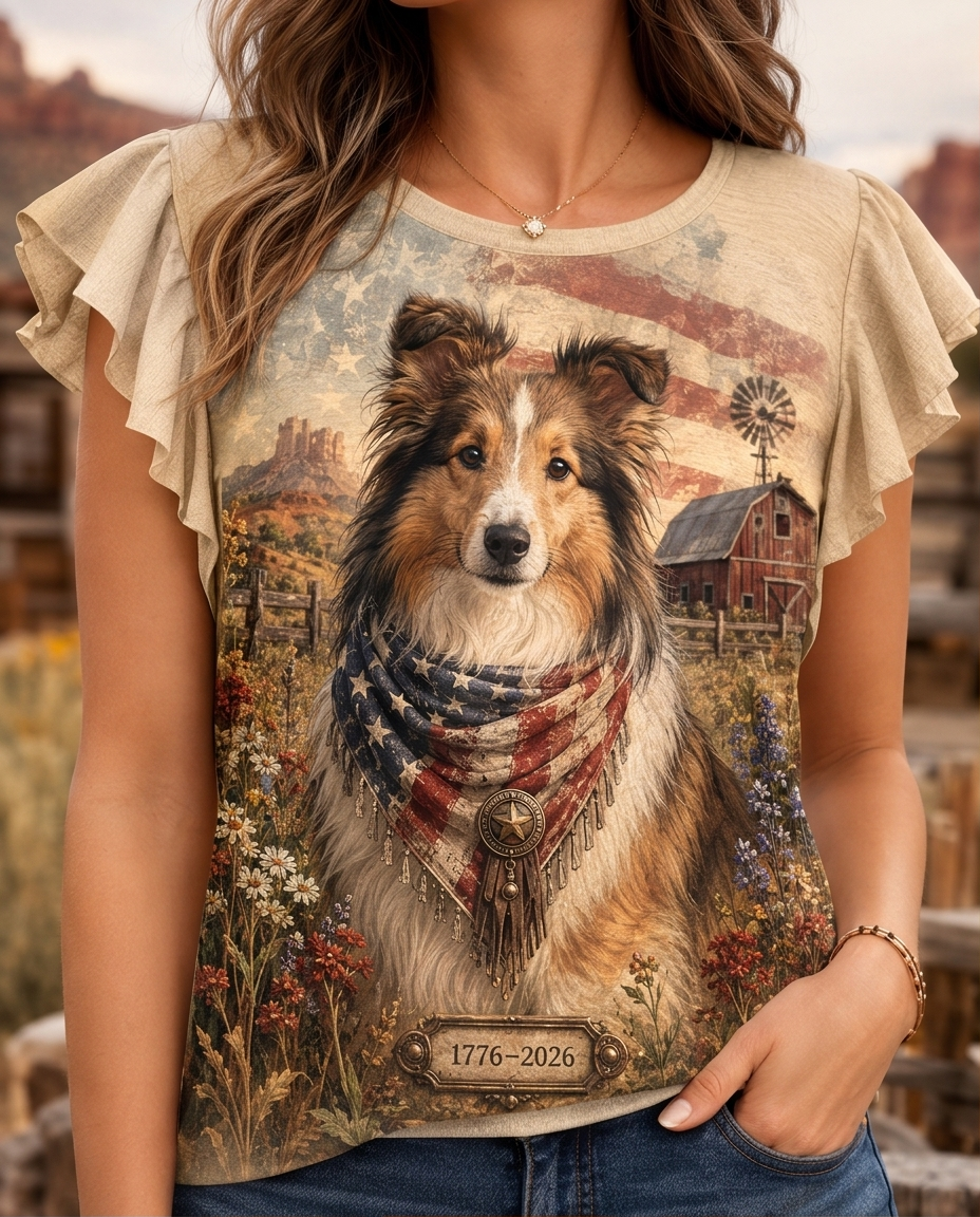 Rustic Heritage Sheltie Patriotic Barn Graphic Flutter-Sleeve Tee