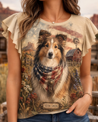 Rustic Heritage Sheltie Patriotic Barn Graphic Flutter-Sleeve Tee