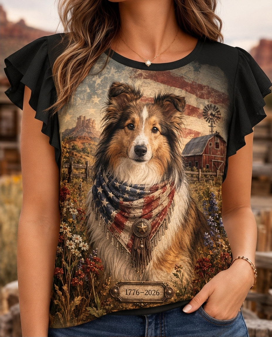 Rustic Heritage Sheltie Patriotic Barn Graphic Flutter-Sleeve Tee