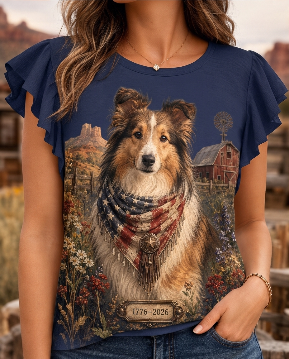 Rustic Heritage Sheltie Patriotic Barn Graphic Flutter-Sleeve Tee