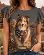Rustic Heritage Sheltie Patriotic Barn Graphic Flutter-Sleeve Tee