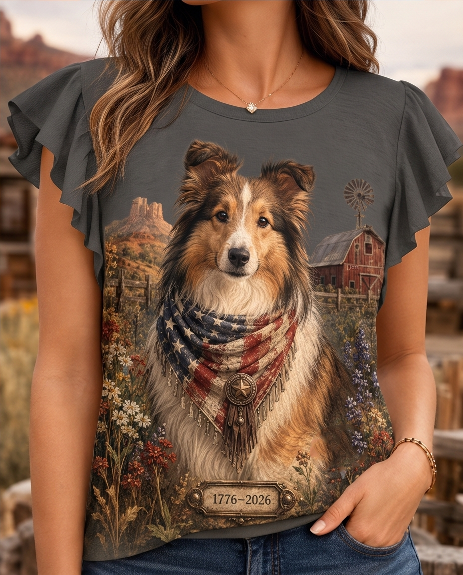 Rustic Heritage Sheltie Patriotic Barn Graphic Flutter-Sleeve Tee