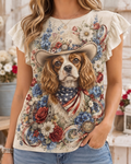Country Chic Cavalier King Charles Cowboy Floral Ruffle-Sleeve Top