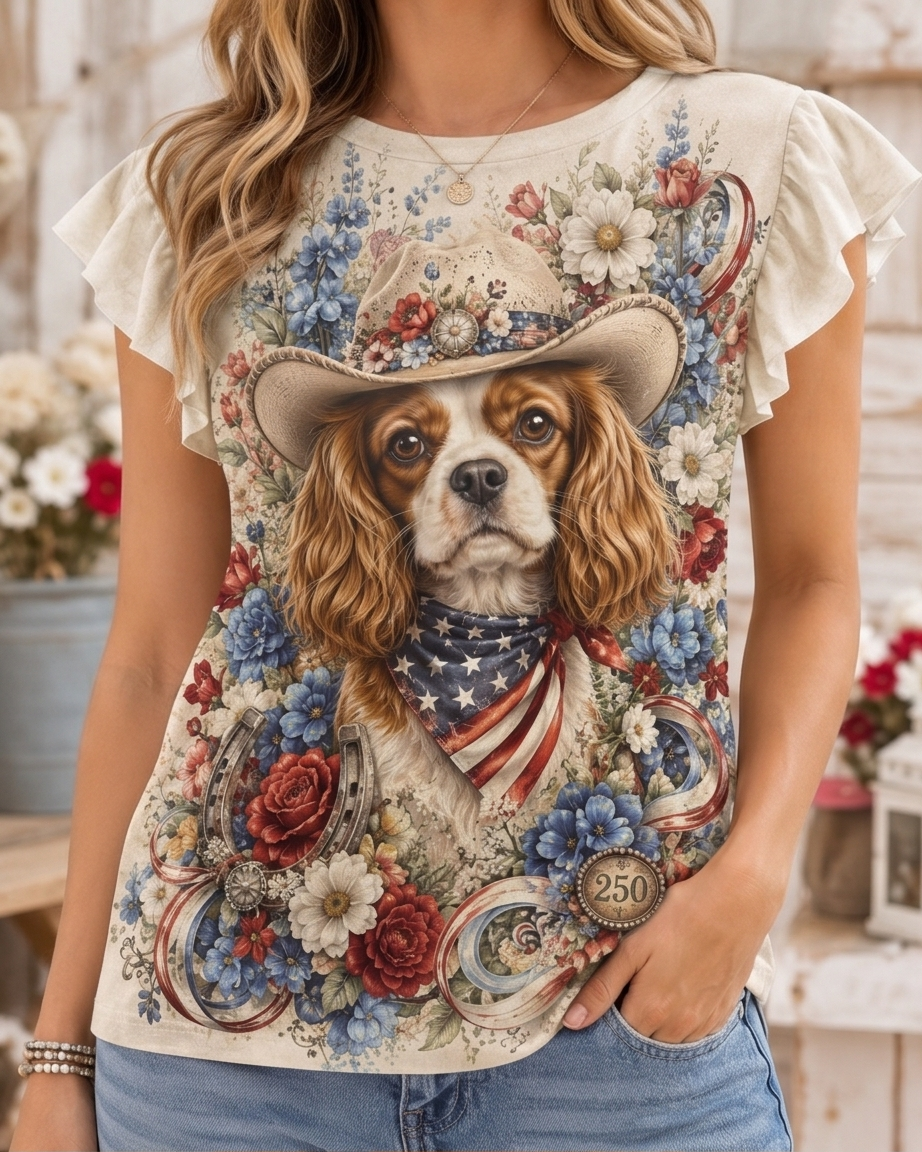 Country Chic Cavalier King Charles Cowboy Floral Ruffle-Sleeve Top