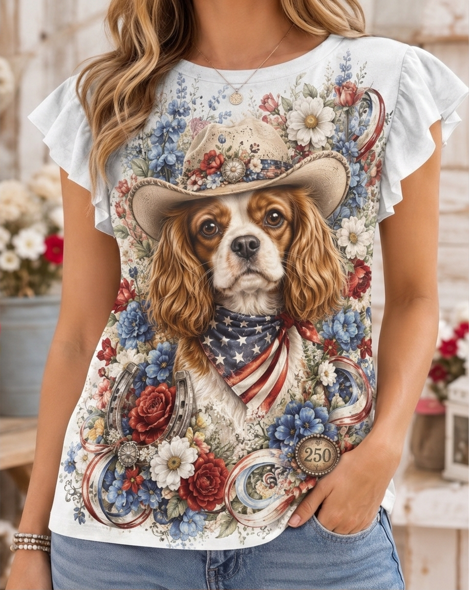 Country Chic Cavalier King Charles Cowboy Floral Ruffle-Sleeve Top