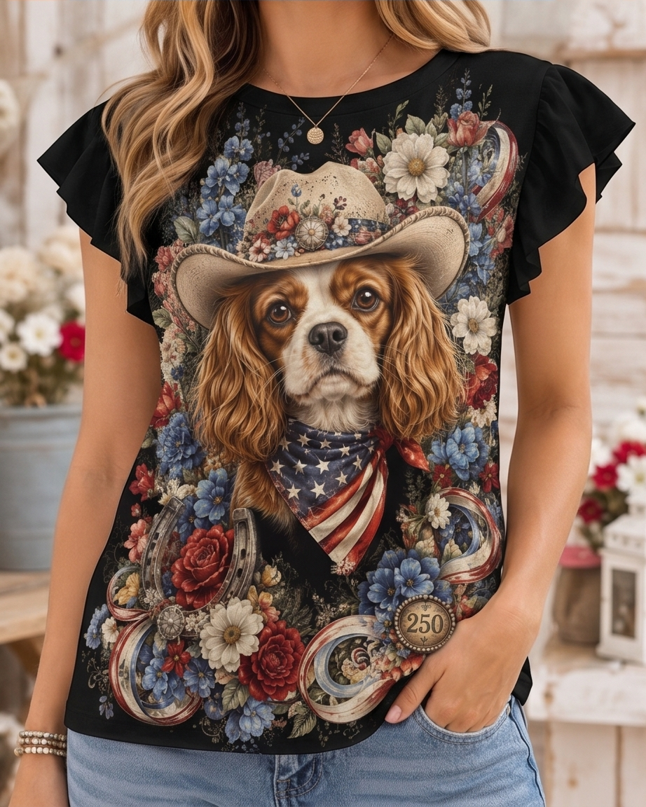 Country Chic Cavalier King Charles Cowboy Floral Ruffle-Sleeve Top
