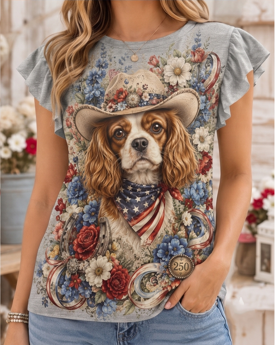 Country Chic Cavalier King Charles Cowboy Floral Ruffle-Sleeve Top