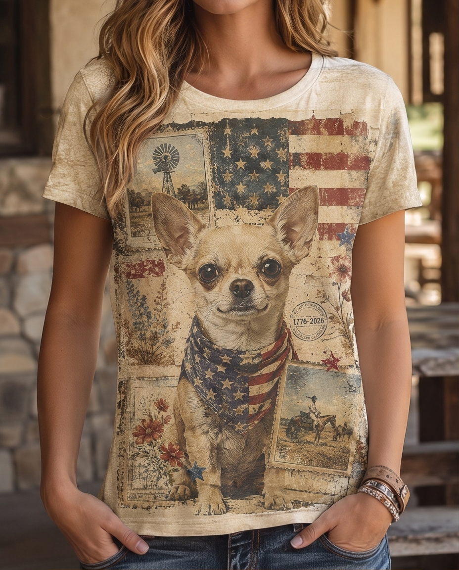 Vintage Postcard Chihuahua Americana Graphic T-Shirt