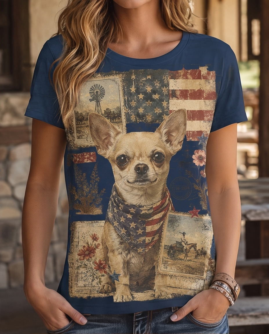 Vintage Postcard Chihuahua Americana Graphic T-Shirt