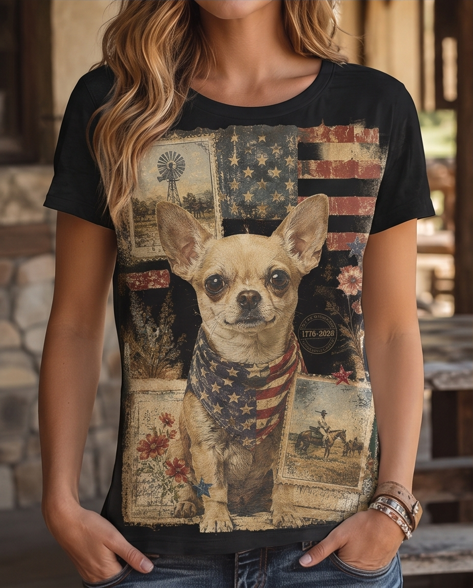 Vintage Postcard Chihuahua Americana Graphic T-Shirt