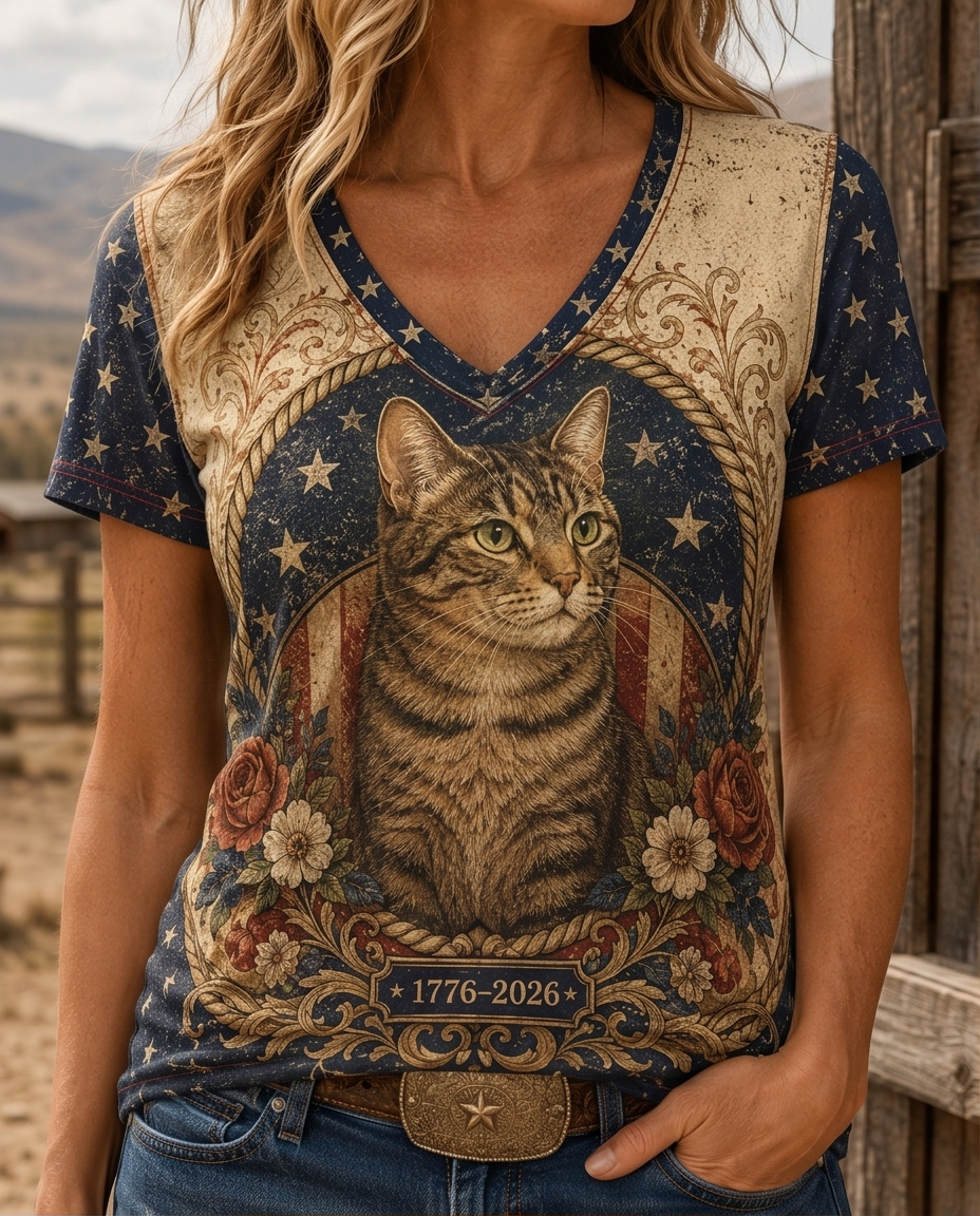 Freedom Shield Tabby Cat Floral Border V-Neck Tee