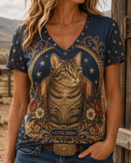 Freedom Shield Tabby Cat Floral Border V-Neck Tee
