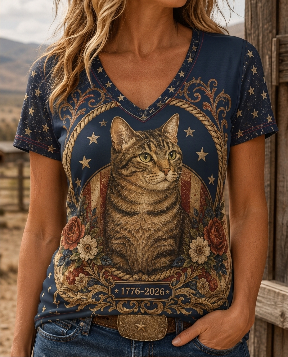 Freedom Shield Tabby Cat Floral Border V-Neck Tee