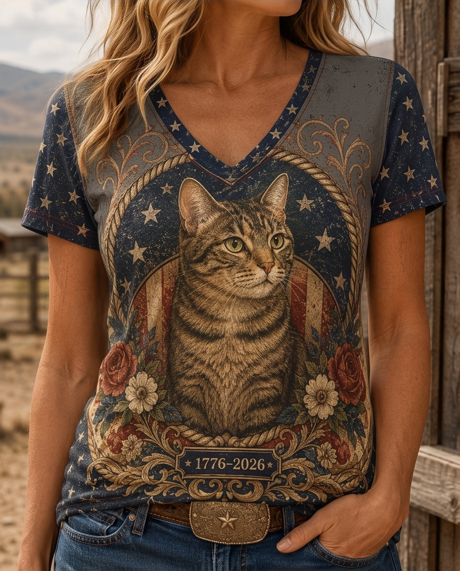 Freedom Shield Tabby Cat Floral Border V-Neck Tee