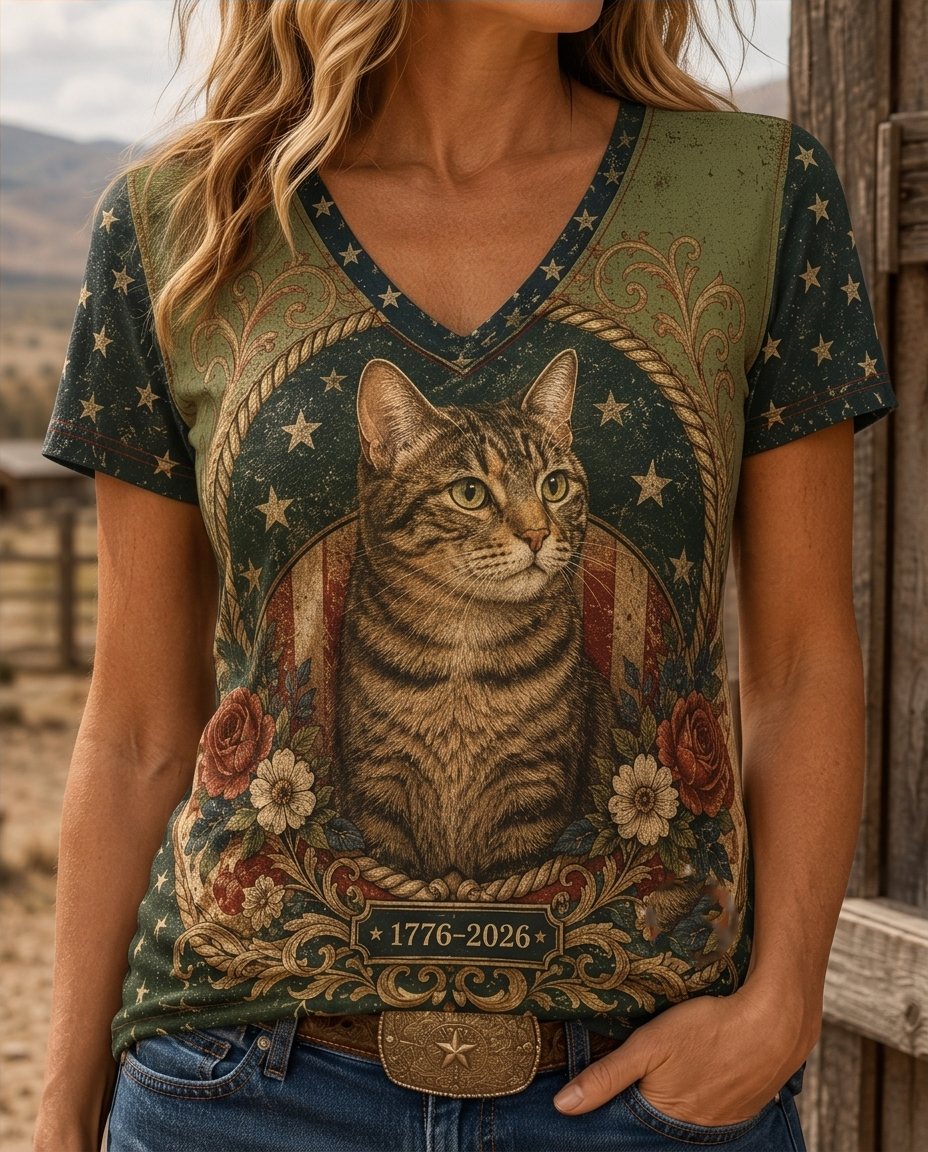 Freedom Shield Tabby Cat Floral Border V-Neck Tee