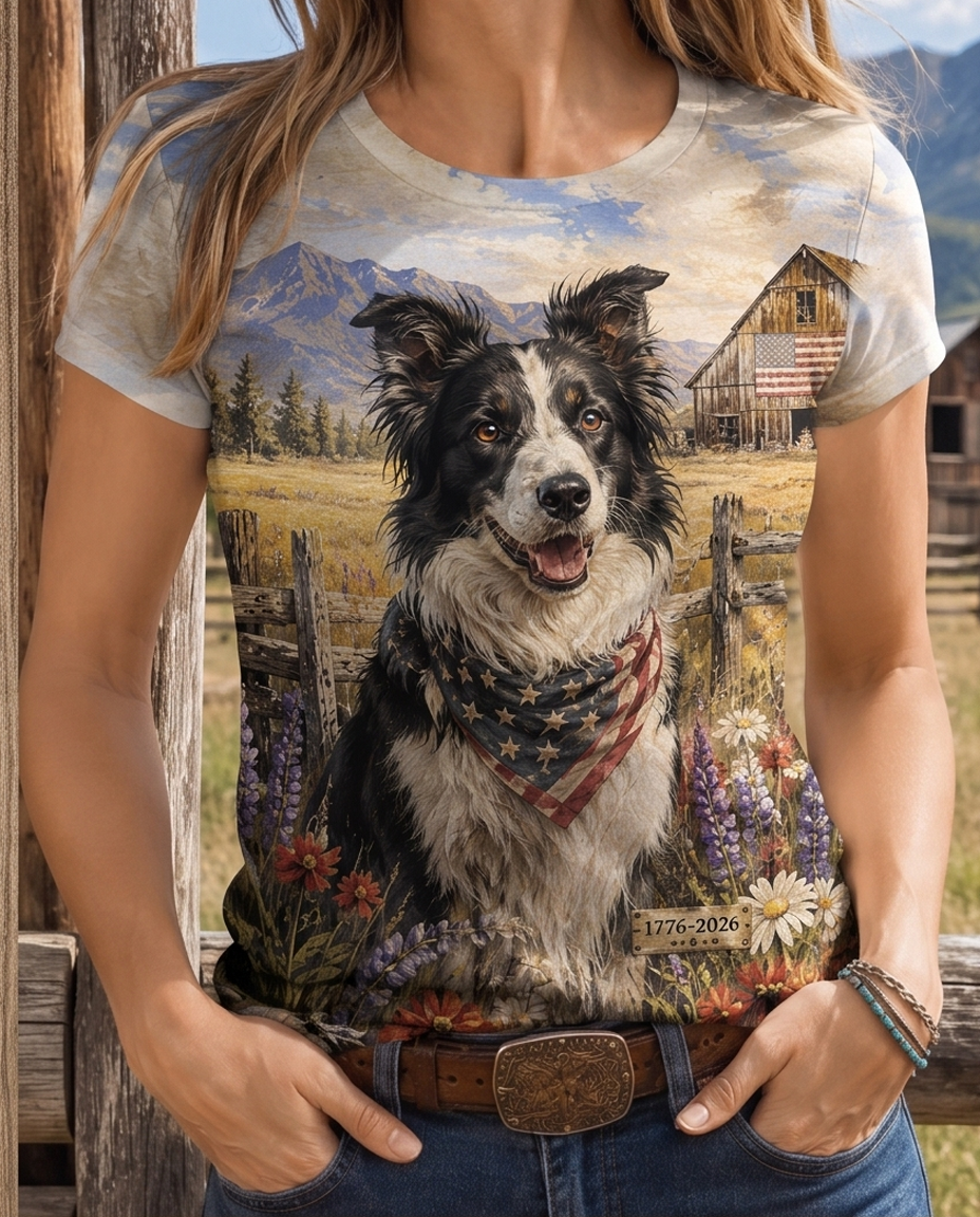 Vintage Countryside Border Collie & Barn Graphic Tee