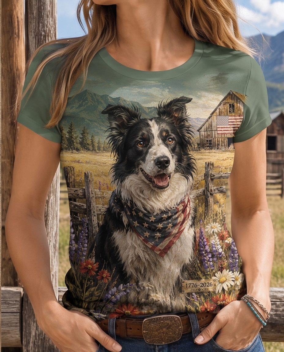 Vintage Countryside Border Collie & Barn Graphic Tee