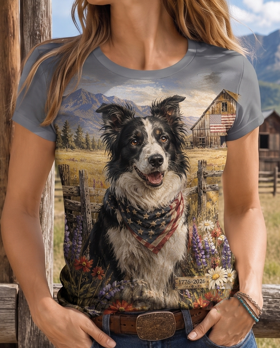 Vintage Countryside Border Collie & Barn Graphic Tee