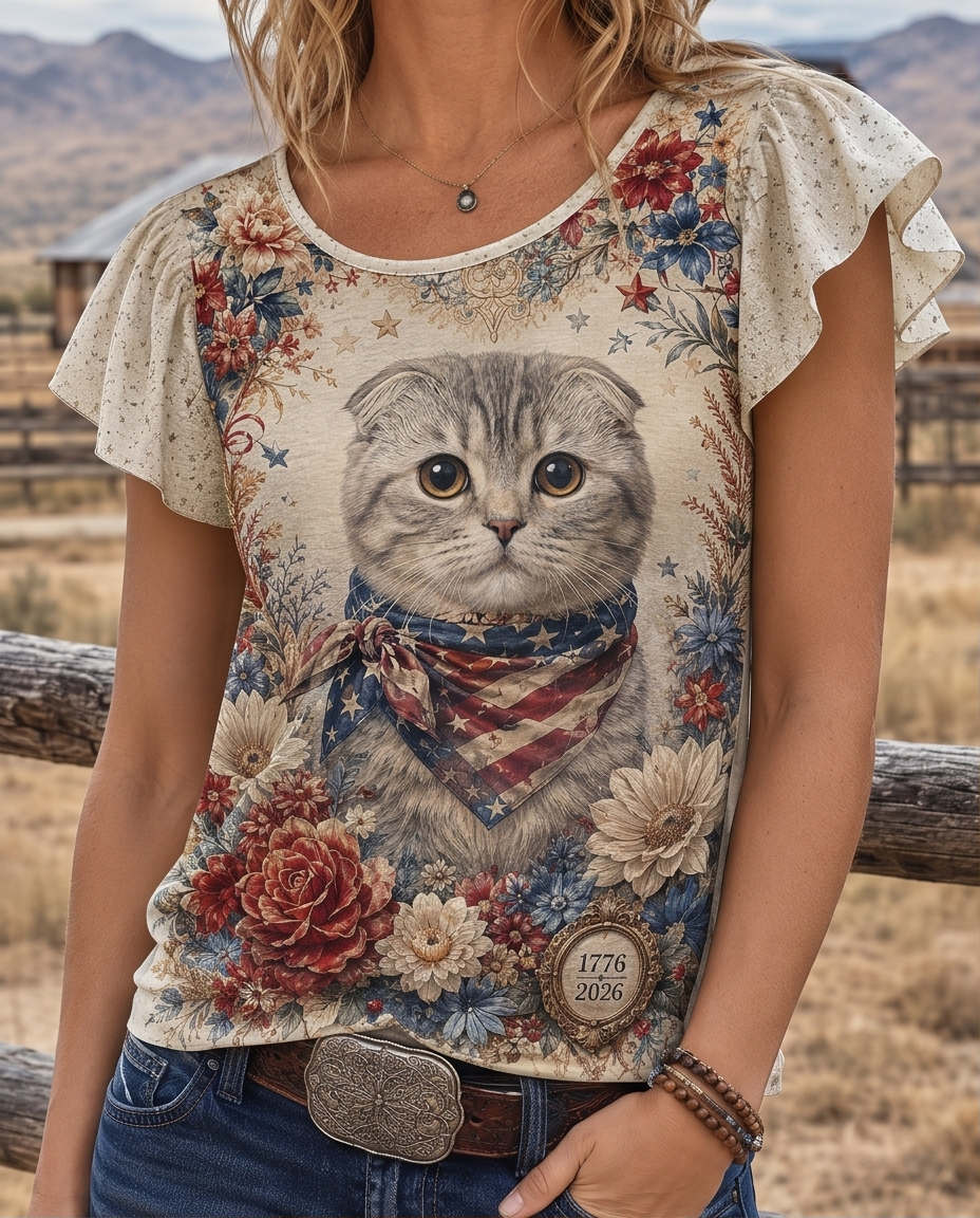 Patriotic Cat & Floral Ruffle Sleeve All-Over Print Top