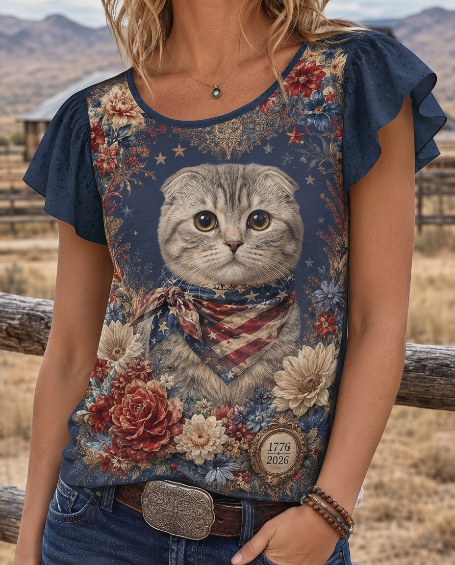 Patriotic Cat & Floral Ruffle Sleeve All-Over Print Top